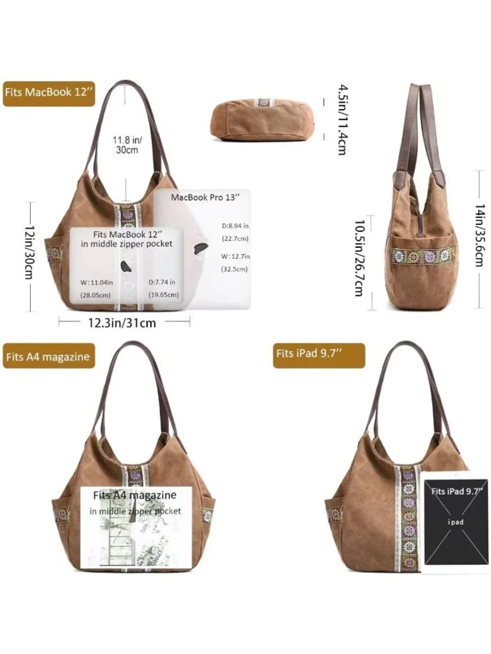 Stylish Women’s Canvas Hobo Tote Bag - Multi Pocket, Embroidered Shoulder
